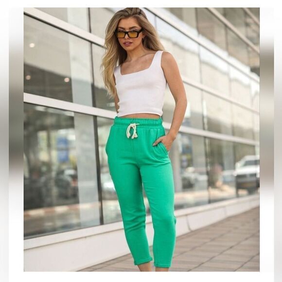 Free People Sandrine Rose‎  Green Joggers Size Small Raw Hem Tie Waist NWT - Picture 1 of 11